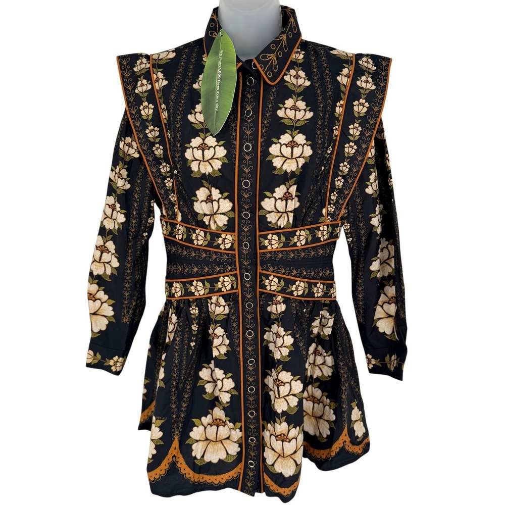 Farm Rio Black Embroidered Flowers Topstitching Long Sleeve Mini Dress Boho NEW - Picture 2 of 13